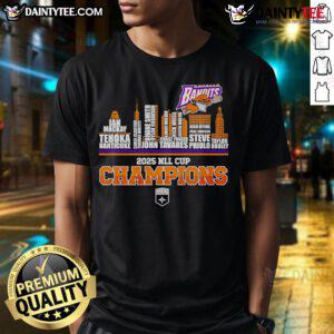 Buffalo Bandits T-Shirt celebrating 2025 NLL Cup Champions with a vibrant skyline design.