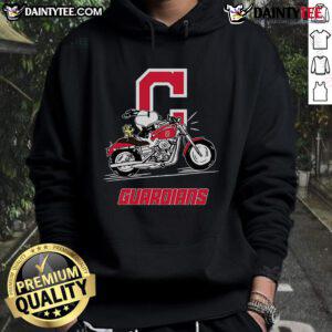 Snoopy and Woodstock riding a motorbike in a Cleveland Guardians hoodie, showcasing fun and team spirit.