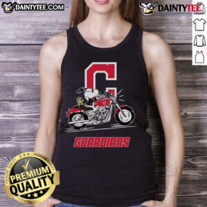 Good Snoopy and Woodstock riding a motorbike on a Cleveland Guardians tank top, perfect for fans and summer style.