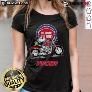 Good Snoopy and Woodstock riding a motorbike on a Detroit Pistons ladies tee, perfect for fans and casual wear.