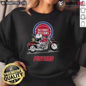 Good Snoopy and Woodstock driving a motorbike on a Detroit Pistons sweatshirt, playful and vibrant design.