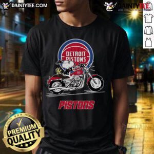 Good Snoopy and Woodstock riding a motorbike on a Detroit Pistons T-shirt showcasing a fun, sporty design.