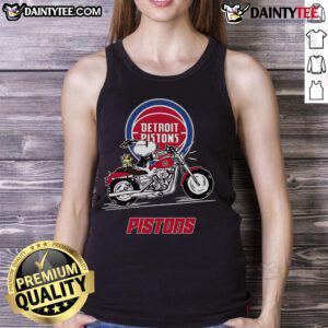 Good Snoopy and Woodstock riding a motorbike, wearing Detroit Pistons tank top, perfect for Peanuts fans.