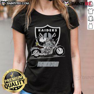 Alt Text: Snoopy and Woodstock riding a motorbike in Las Vegas Raiders ladies tee, showcasing fun and team spirit.