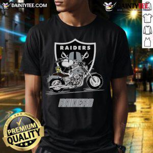 Good Snoopy and Woodstock riding a motorbike on a Las Vegas Raiders T-shirt, showcasing playful cartoon art.