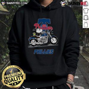 Good Snoopy and Woodstock driving a motorbike in a Philadelphia Phillies hoodie, showcasing fun cartoon character style.