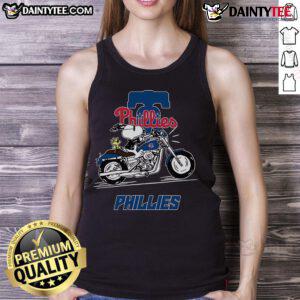 Snoopy and Woodstock joyfully riding a motorbike, wearing a Philadelphia Phillies tank top, showcasing fun summer vibes.