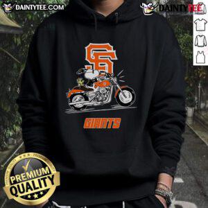Good Snoopy and Woodstock driving a motorbike, wearing San Francisco Giants hoodie, showcasing fun cartoon adventure.