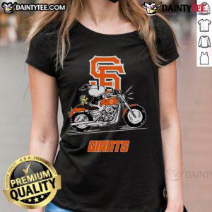 Good Snoopy and Woodstock riding a motorbike on a San Francisco Giants ladies tee, showcasing fun sports apparel.