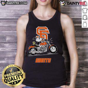Snoopy and Woodstock riding a motorbike, wearing San Francisco Giants tank top, showcasing a fun, playful moment.