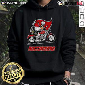 Snoopy and Woodstock riding a motorbike in a Tampa Bay Buccaneers hoodie, showcasing playful NFL fandom.