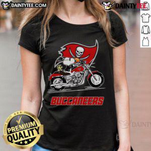 Good Snoopy and Woodstock riding a motorbike on a Tampa Bay Buccaneers ladies tee, perfect for fans and collectors.