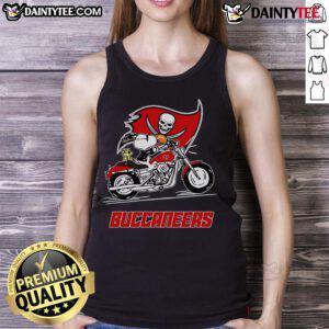 Good Snoopy and Woodstock driving a motorbike in a Tampa Bay Buccaneers tank top, showcasing their playful spirit.