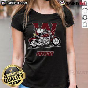 Good Snoopy and Woodstock riding a motorbike in Washington on a ladies tee, perfect for Peanuts fans and casual wear.