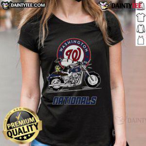 Good Snoopy and Woodstock driving a motorbike on Washington Nationals ladies tee, perfect for fans and collectors.