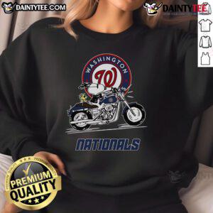 Good Snoopy and Woodstock driving a motorbike on a Washington Nationals sweatshirt design.