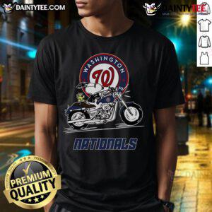 Good Snoopy and Woodstock driving a motorbike on a Washington Nationals T-shirt, perfect for baseball fans and collectors.
