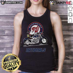 Good Snoopy and Woodstock riding a motorbike in a Washington Nationals tank top, capturing fun and adventure.