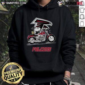 Happy Snoopy and Woodstock riding a motorbike, wearing Atlanta Falcons hoodie, cheerful and fun illustration.