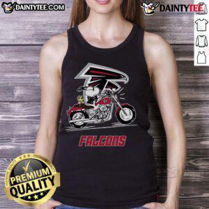 Alt Text: Happy Snoopy and Woodstock riding a motorbike, wearing an Atlanta Falcons tank top, showcasing team spirit and fun.