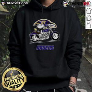 Alt Text: Happy Snoopy and Woodstock riding a motorbike in Baltimore Ravens hoodie, showcasing fun and team spirit.