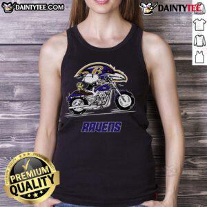 Happy Snoopy and Woodstock riding a motorbike in a Baltimore Ravens tank top, showcasing fun and team spirit.