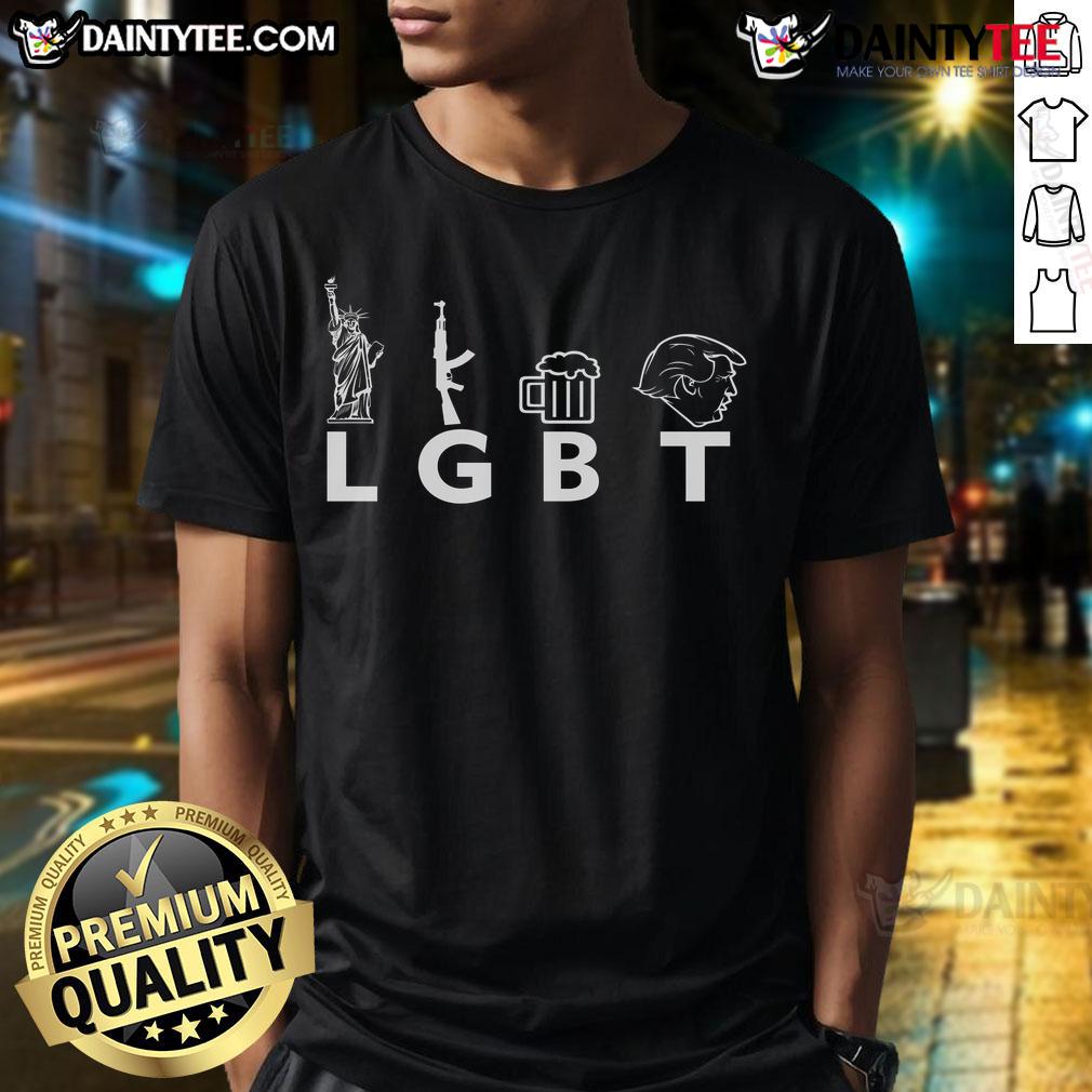 Hot LGBT Lady Liberty graphic on a T-shirt with guns, beer, and Trump design, showcasing bold American pride.