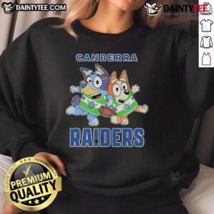 Alt Text: Stylish Nice Bluey Canberra Raiders sweatshirt featuring team colors and logo, perfect for fans and casual wear.
