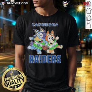 Nice Bluey Canberra Raiders T-Shirt featuring vibrant colors and team logo, perfect for fans of rugby league.