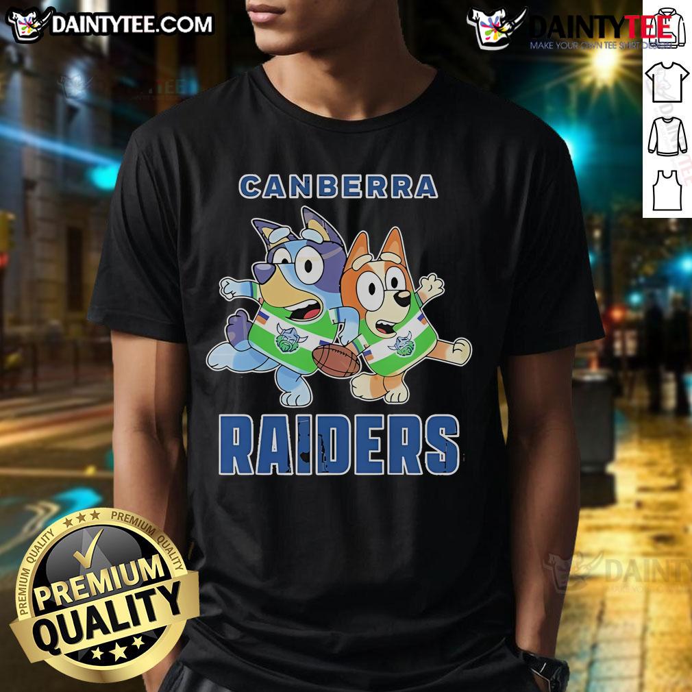 Nice Bluey Canberra Raiders T-Shirt featuring vibrant colors and team logo, perfect for fans of rugby league.