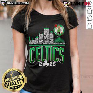 Ladies tee featuring the Boston Celtics 2025 skyline design, perfect for fans and stylish sportswear.