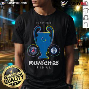 Nice Champions League Final Munich 25 T-Shirt featuring bold graphics and vibrant colors for soccer fans.