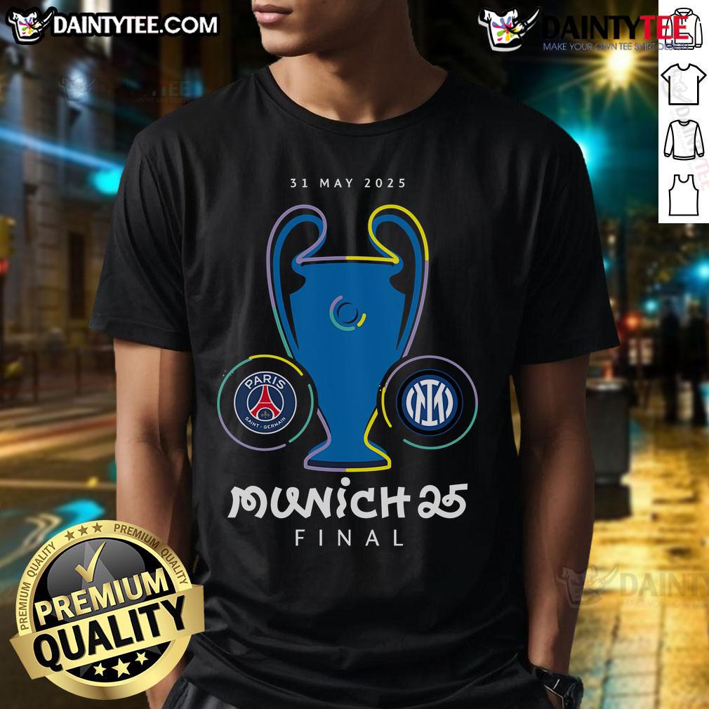 Nice Champions League Final Munich 25 T-Shirt featuring bold graphics and vibrant colors for soccer fans.