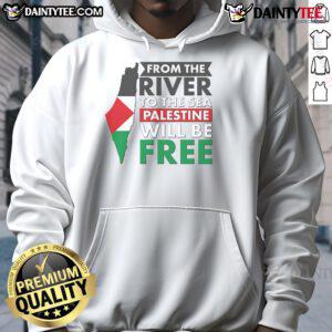 Palestine map hoodie featuring 'From the river to the sea, Palestine will be free' design in vibrant colors.
