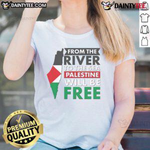Ladies tee featuring 'Nice From The River To The Sea - Palestine Will Be Free' map design for Palestine supporters.