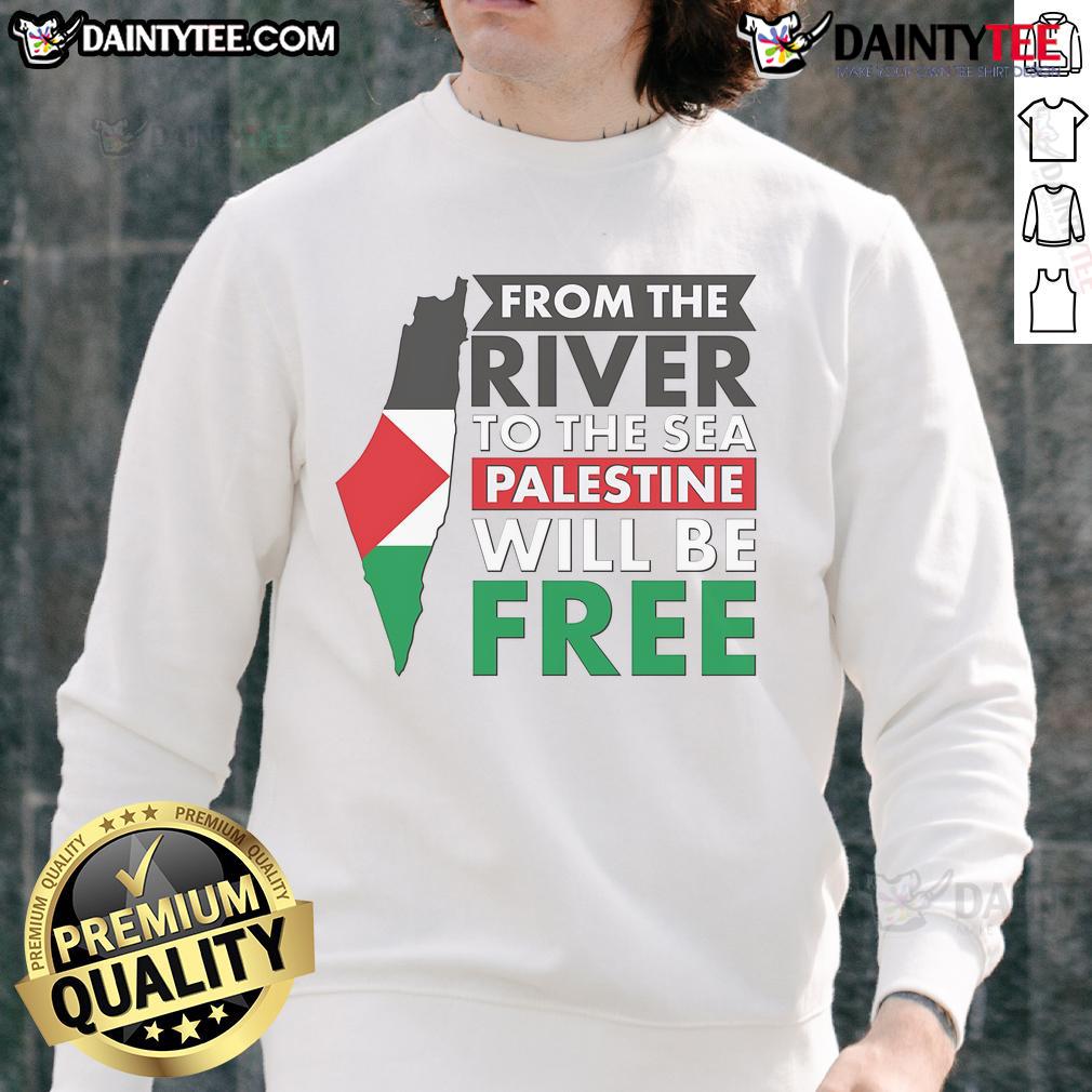 Alt Text: Palestine map sweatshirt featuring 'From the River to the Sea, Palestine will be free' design.
