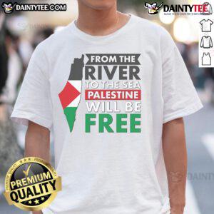 Palestine map t-shirt featuring 'From the river to the sea, Palestine will be free' slogan in bold design.