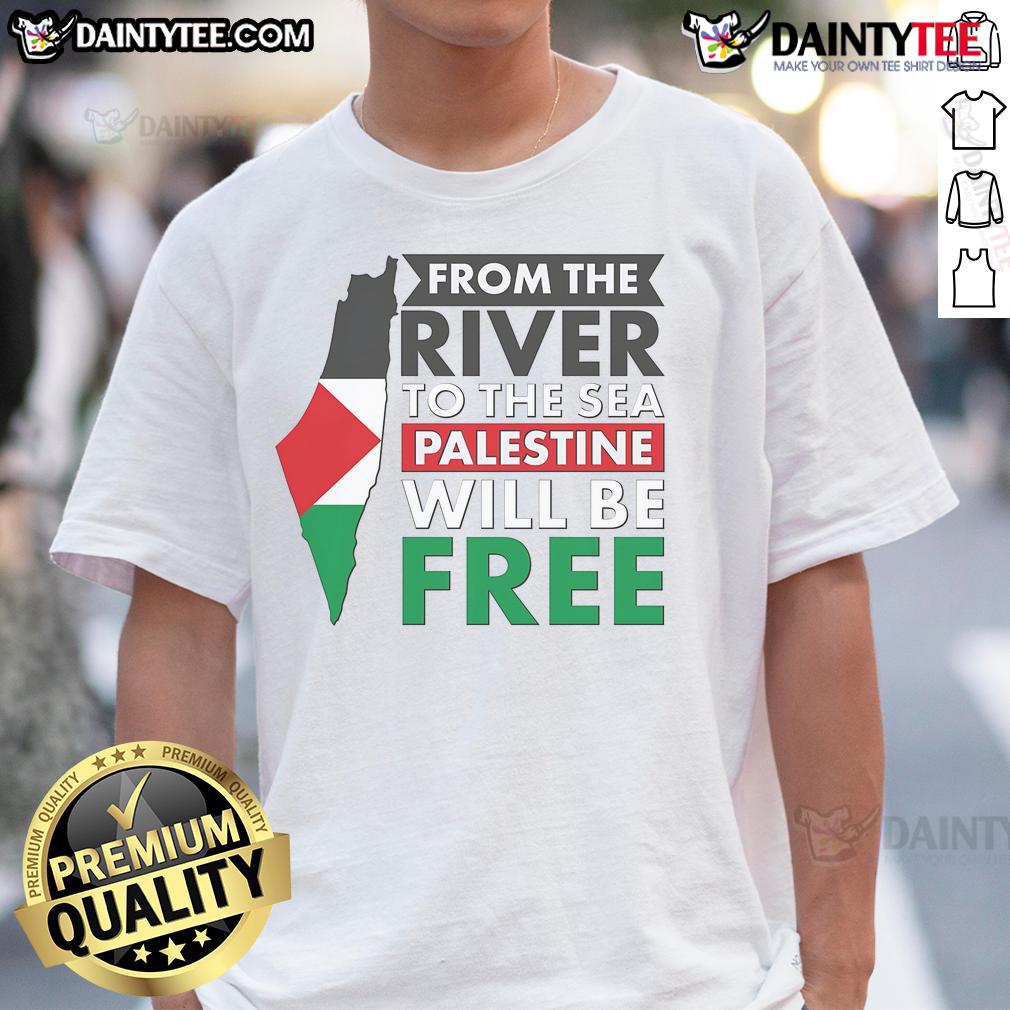 Palestine map t-shirt featuring 'From the river to the sea, Palestine will be free' slogan in bold design.