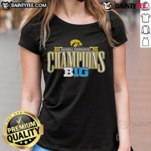 Nice Iowa Hawkeyes 2025 Big Ten Conference Baseball Champions ladies tee featuring team colors and logo.