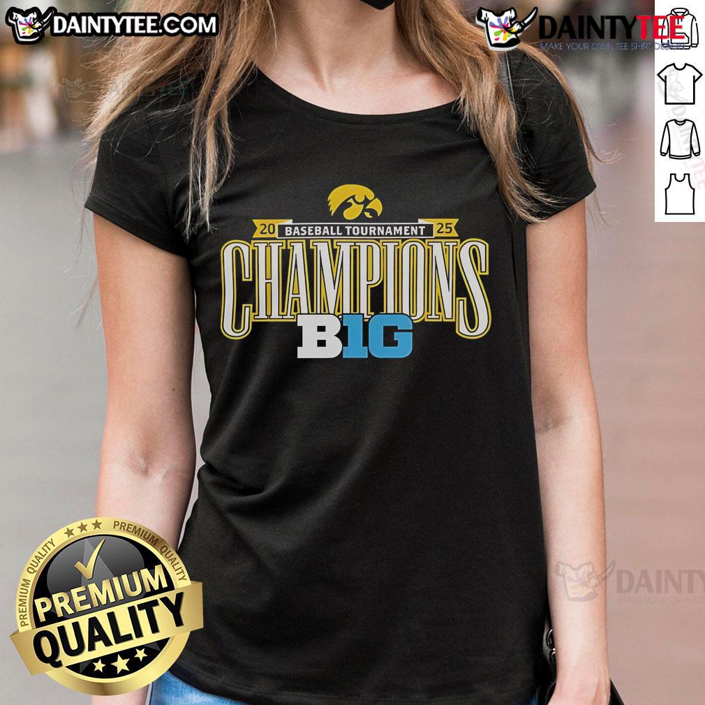 Nice Iowa Hawkeyes 2025 Big Ten Conference Baseball Champions ladies tee featuring team colors and logo.