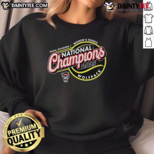 2025 NCAA Women's Tennis National Champions sweatshirt featuring NC State Wolfpack logo and vibrant red design.