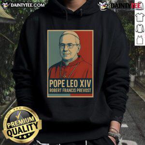 Alt Text: Cozy hoodie featuring artwork of Pope Leo XIV by Robert Francis Prevost, perfect for stylish religious apparel.