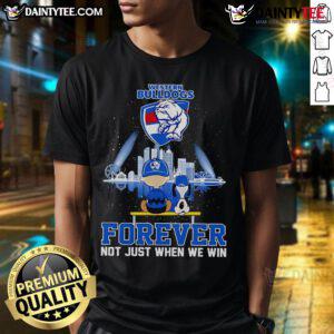 Snoopy and Charlie Brown graphic on a Western Bulldogs Forever T-shirt, celebrating loyalty and team spirit.