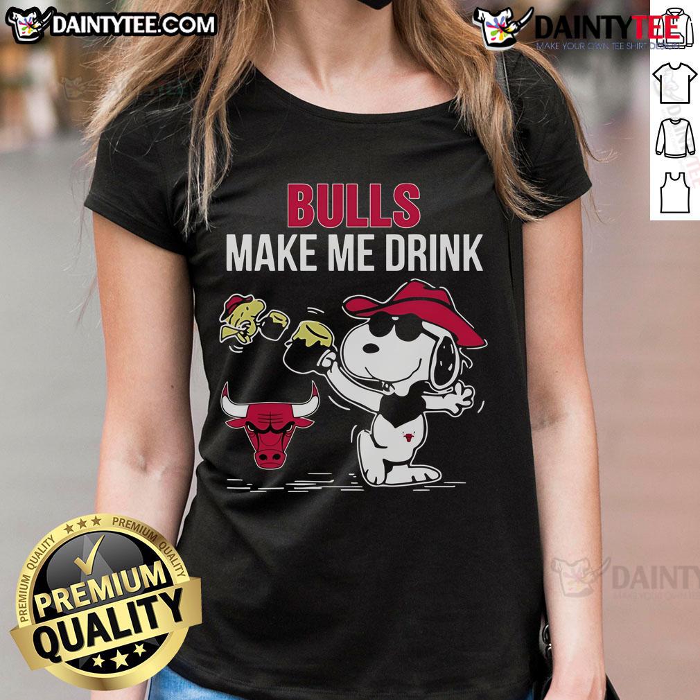 Alt Text: Ladies tee featuring Snoopy and Woodstock with Chicago Bulls logo and the phrase 'Make Me Drink' for stylish fans.