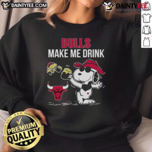 Cozy 'Nice Snoopy and Woodstock Chicago Bulls Make Me Drink' sweatshirt featuring iconic characters in team colors.