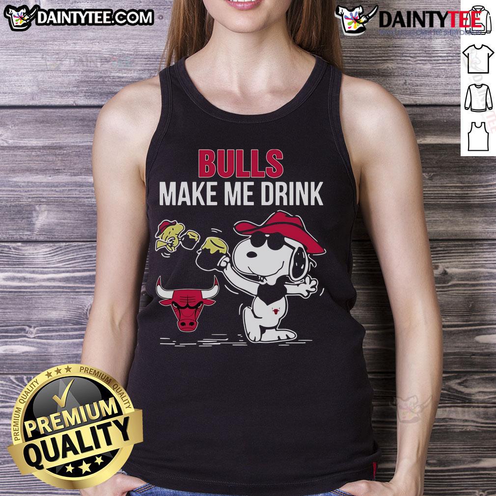 Alt Text: Snoopy and Woodstock in Chicago Bulls tank top with 'Make Me Drink' slogan, perfect for casual summer wear.