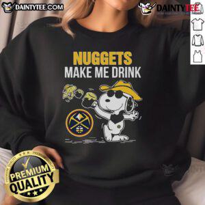Alt Text: Cozy 'Nice Snoopy and Woodstock Denver Nuggets Make Me Drink' sweatshirt featuring vibrant graphics and team colors.