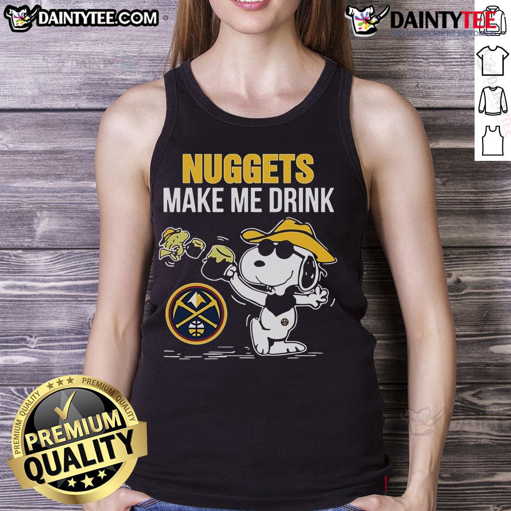 Snoopy and Woodstock graphic on a Denver Nuggets tank top with 'Make Me Drink' text for fans and collectors.
