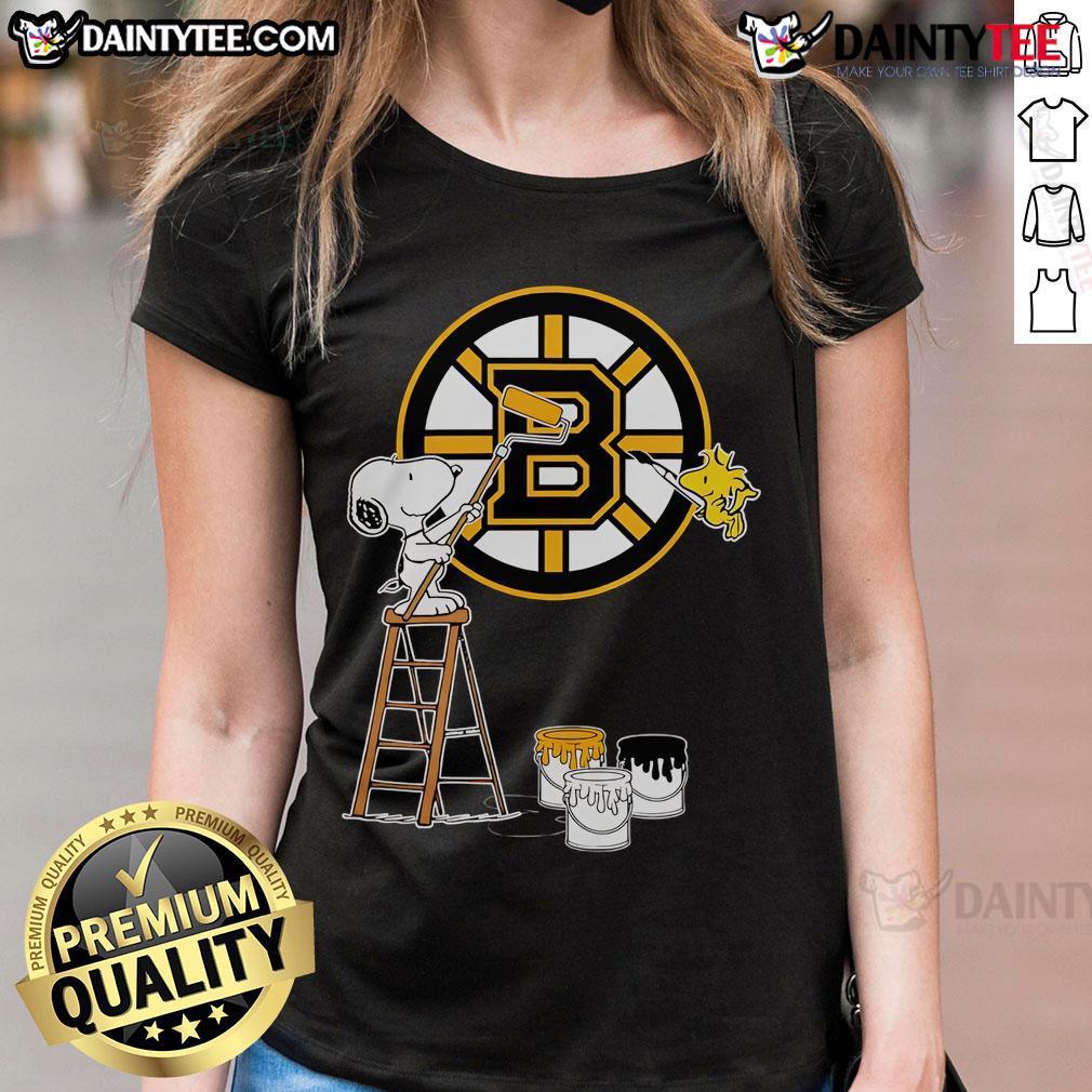 Colorful Snoopy and Woodstock painting with Boston Bruins logo on a ladies tee, perfect for hockey fans.