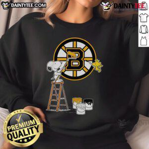Snoopy and Woodstock painting on a Boston Bruins logo sweatshirt, showcasing a fun and unique sports apparel design.